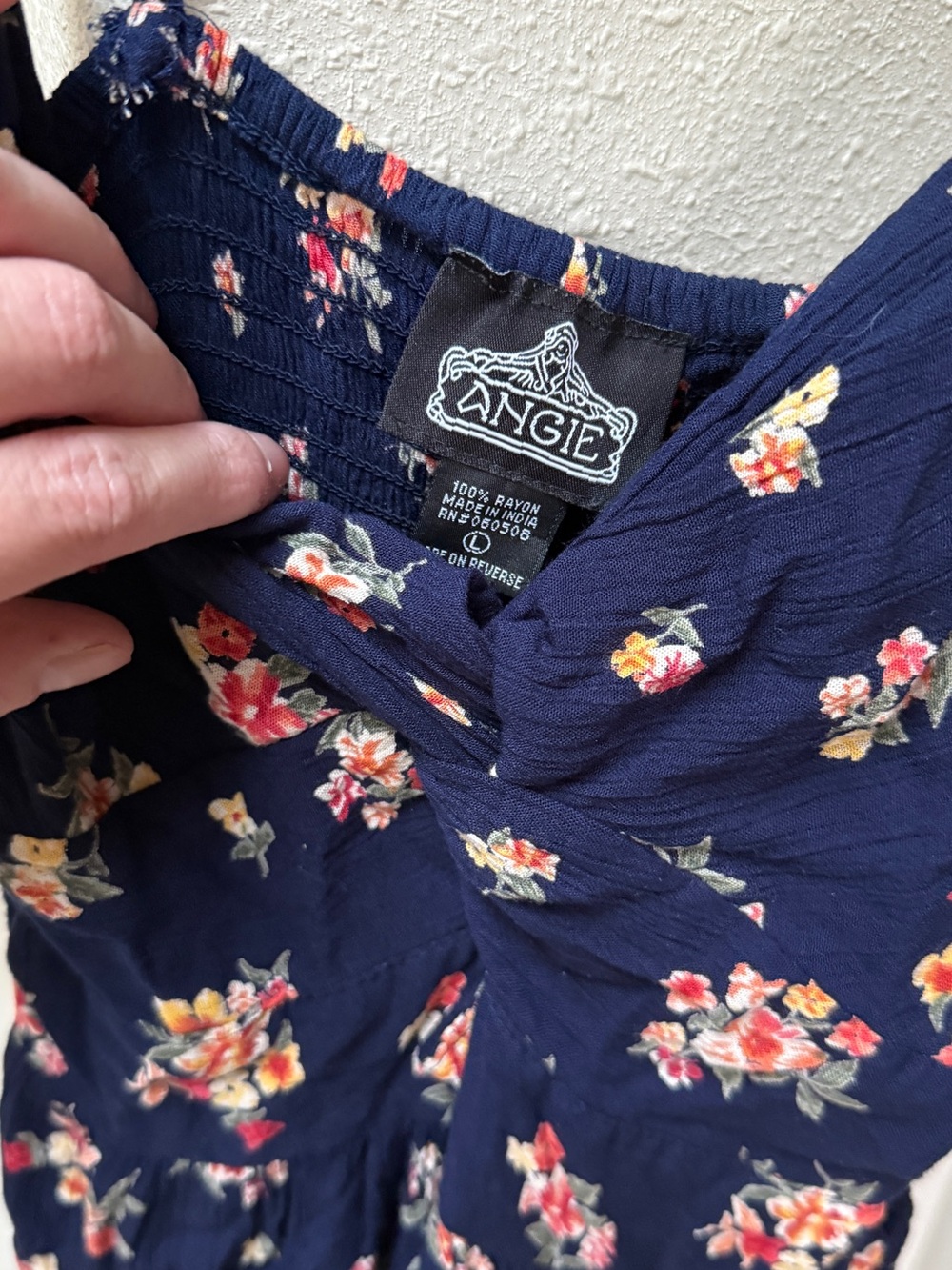 Angie Navy Floral Twist Front Cutout Smocked Midi Dress Large - Picture 4 of 7